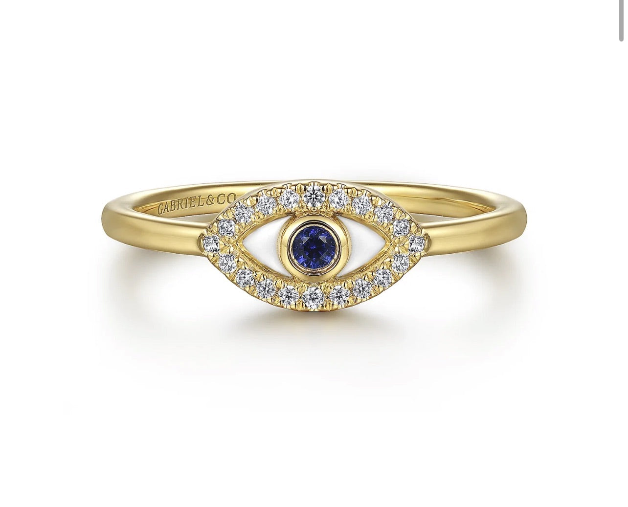Gabriel & Co- 14K Yellow Gold Diamond and Sapphire Evil-Eye Ladies Ring with White Enamel-