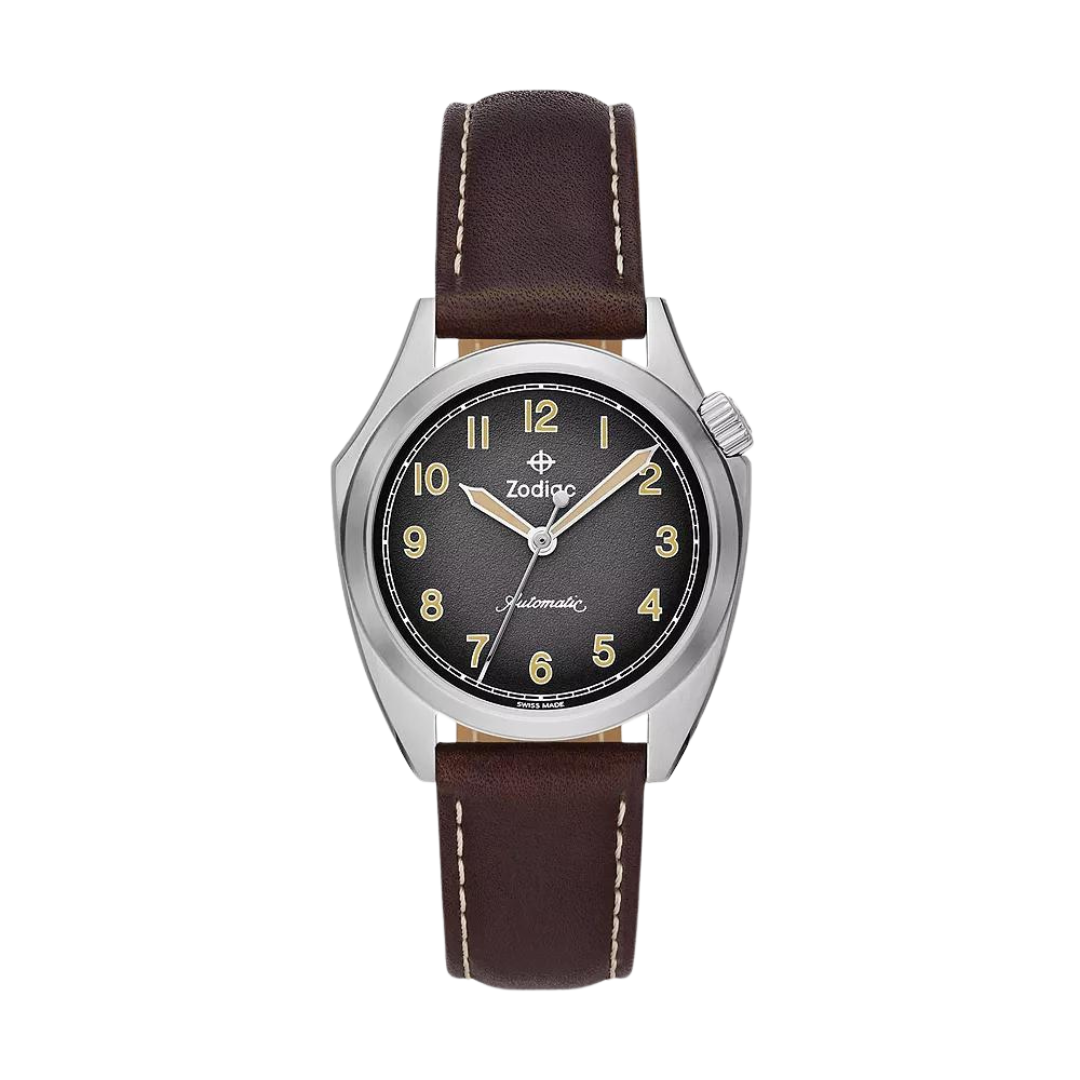 ZODIAC- Olympos STP 1-11 Swiss Automatic Three-Hand Brown Leather Watch