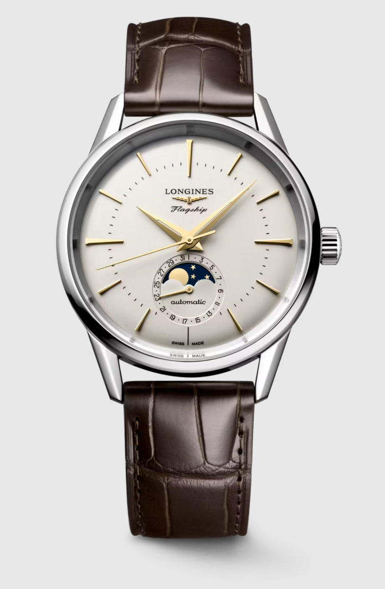 LONGINES-FLAGSHIP HERITAGE MOONPHASE, L4.815.4.78.2, Automatic watch, Ø 38.50 mm, Stainless steel.
