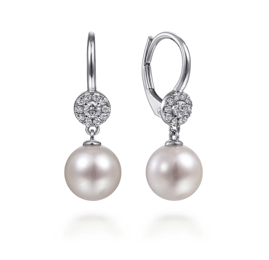 Gabriel & Co.- 14K White Gold Cluster Diamond Disc and Pearl Drop Earrings  EG13933W45PL