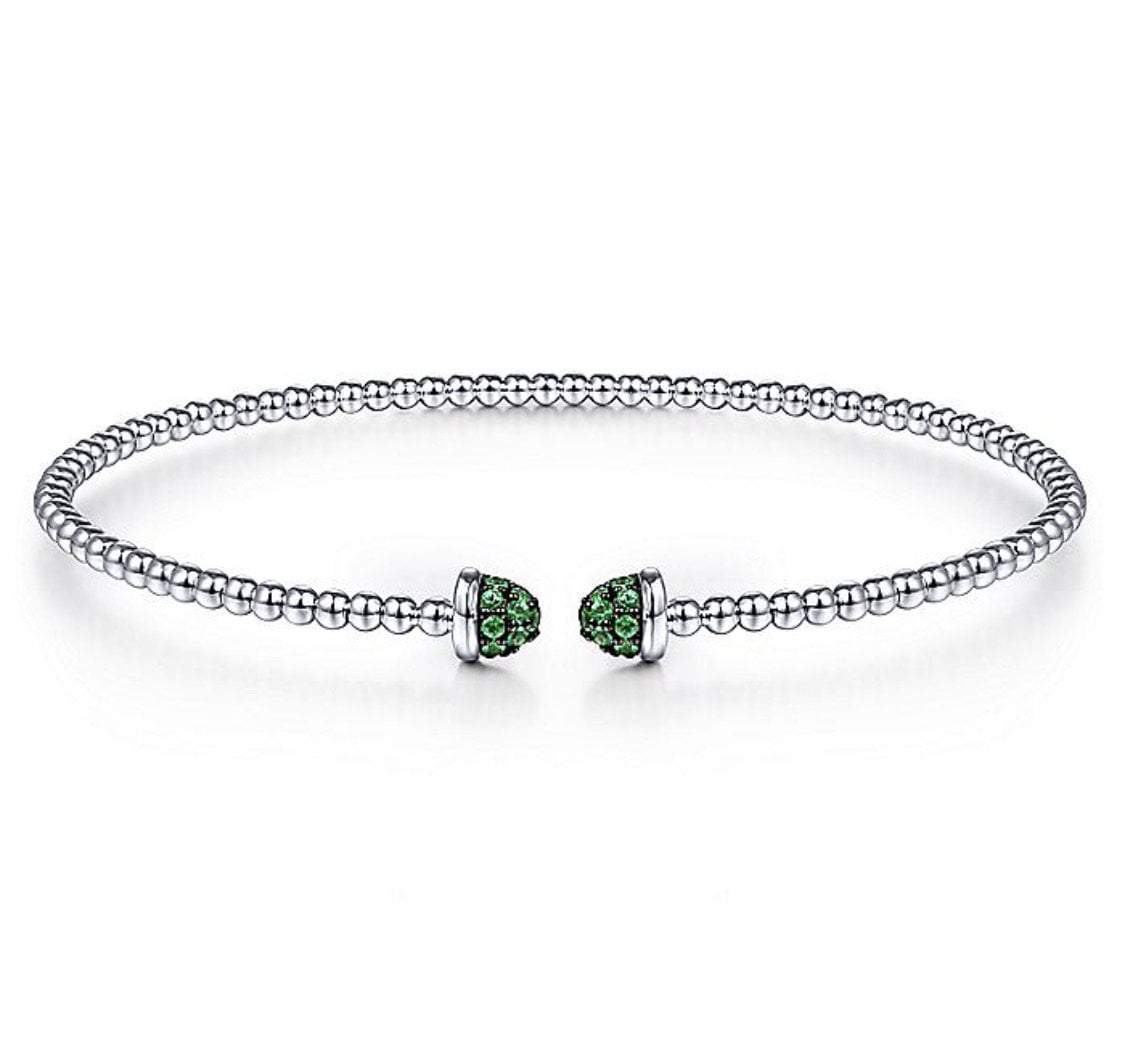 Gabriel & Co-14 K White Gold Bujukan Bead Cuff Bracelet with Emerald Pavé Caps
