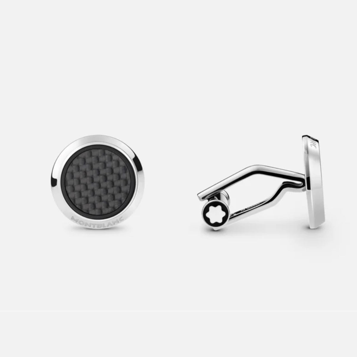 Montblanc-Cufflinks, round in stainless steel with carbon-patterned inlay 124295