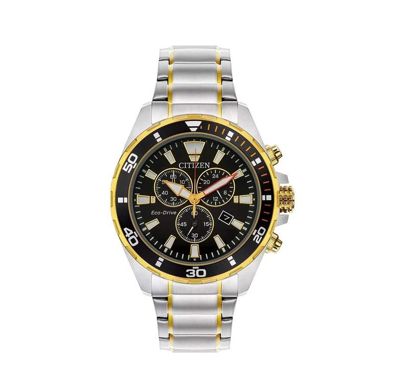 Citizen - Eco Drive Mens Chronograph Two-Tone Bracelet Band Black Quartz Dial Watch - AT2434-54E