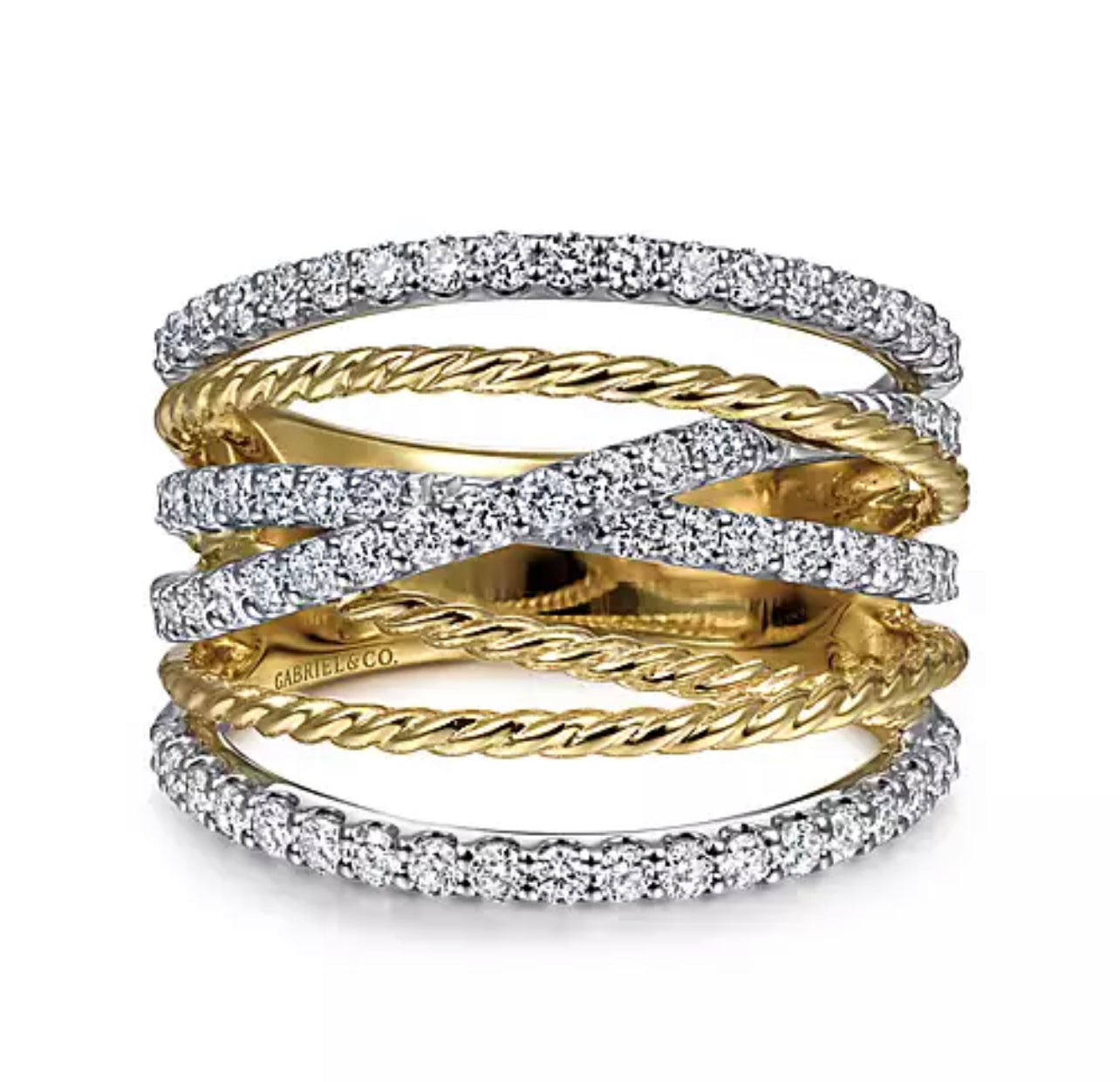 Gabriel & Co.-14K White-Yellow Gold Twisted Rope and Diamond Multi Row Ring LR51623M45JJ