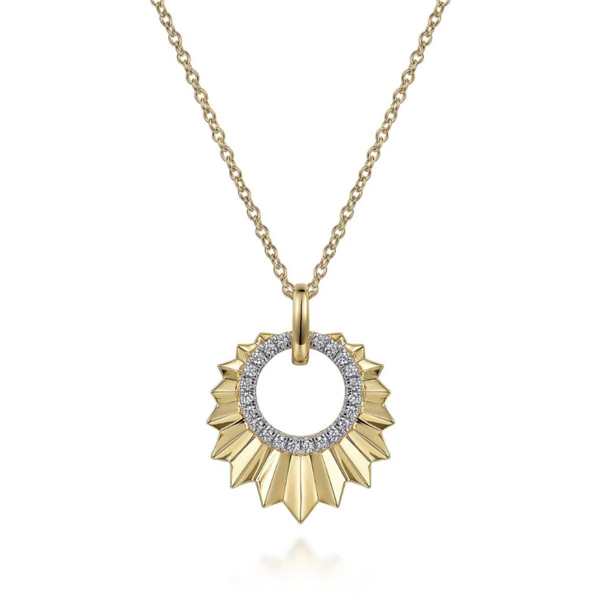 Gabriel & Co.- 14K Yellow Gold 17 5 inch Diamond Necklace With Diamond Cut Texture In Leaf Shape  NK7261Y45JJ