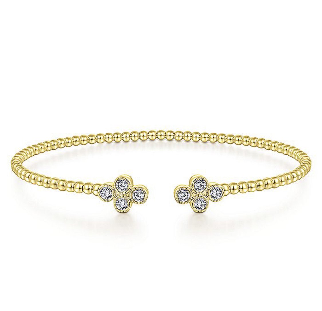 Gabriel & Co-14 K Yellow Gold Bujukan Split Cuff Bracelet with Quatrefoil Diamond Endcaps